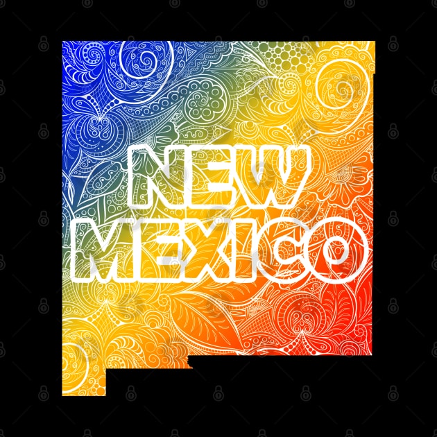 Colorful mandala art map of New Mexico with text in blue, yellow, and red by Happy Citizen