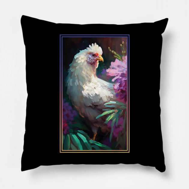 Chicken Vibrant Tropical Flower Tall Digital Oil Painting Portrait 2 Pillow by ArtHouseFlunky