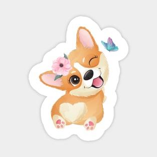 cute little corgi play with butterfly tshirt Magnet