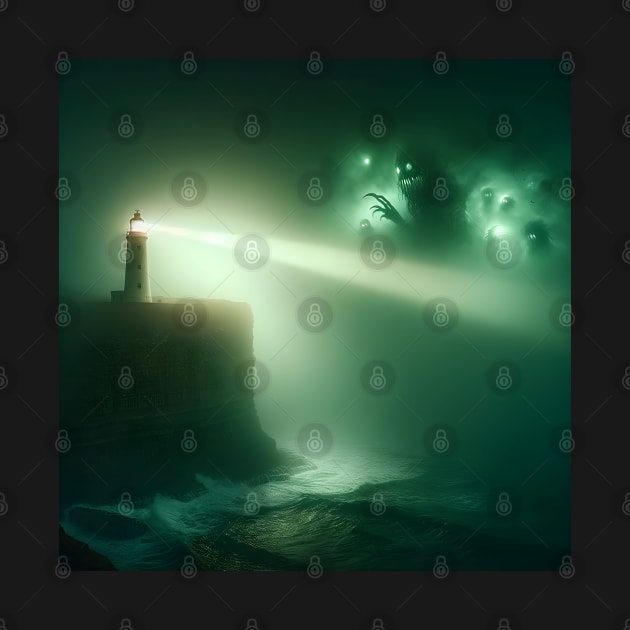 A lone lighthouse beam piercing through a green fog, revealing hidden horrors by OddHouse