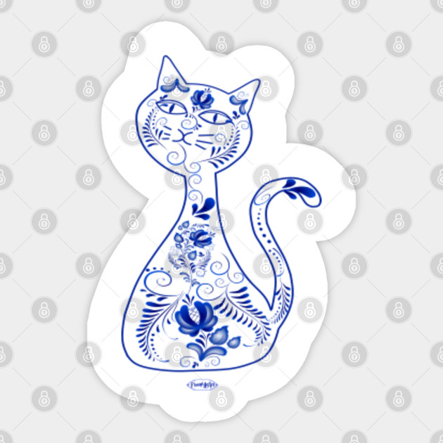 Russian Ornaments In Gzhel Style A Floral Pattern Cat Folk Gzhel
