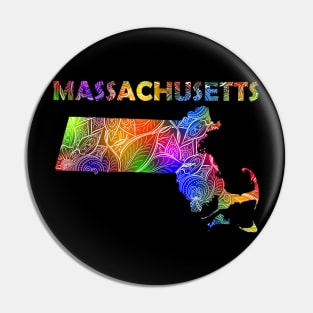 Colorful mandala art map of Massachusetts with text in multicolor pattern Pin