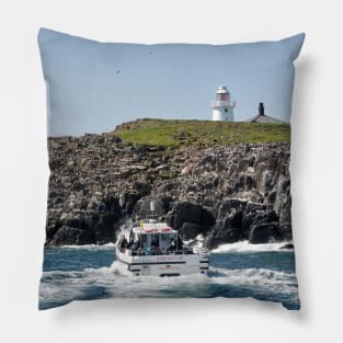 Tour boat visiting the bird colonies on the Farne Islands, Northumberland, UK Pillow