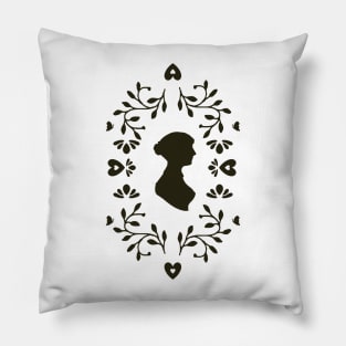 Jane Austen Silhouette Surrounded By Botanical Folk Art and Butterflies Pillow