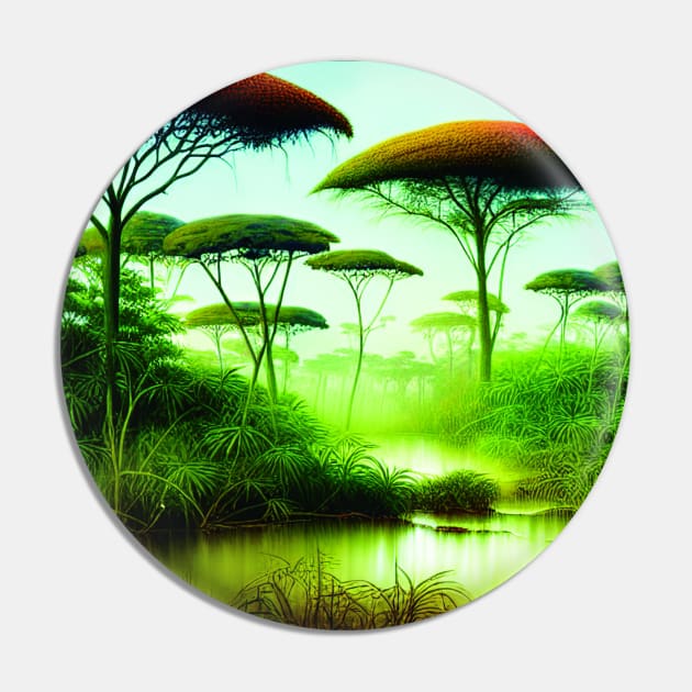 Landscape Painting with Tropical Plants and Lake, Scenery Nature Pin by Promen Art