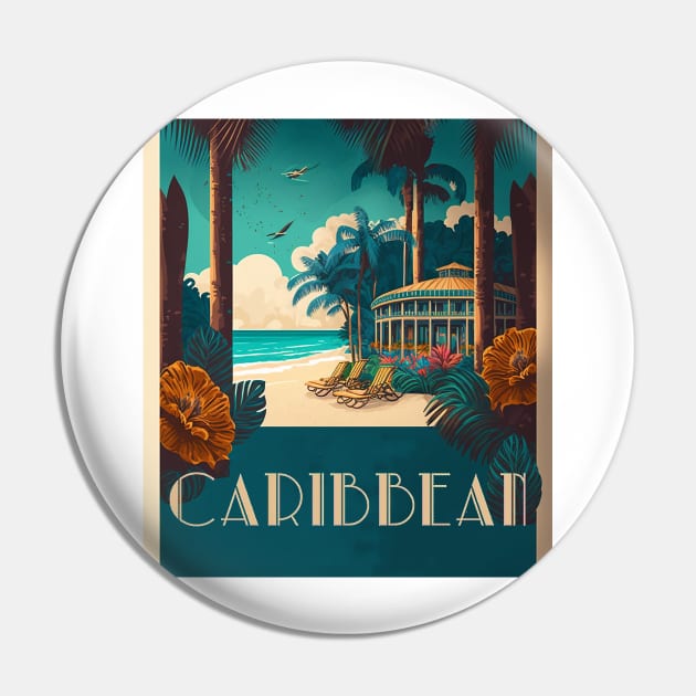 Caribbean Beach Resort Vintage Travel Art Poster Pin by OldTravelArt