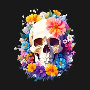 Yet Another Skull With Flowers 2! - Watercolor - AI Art T-Shirt