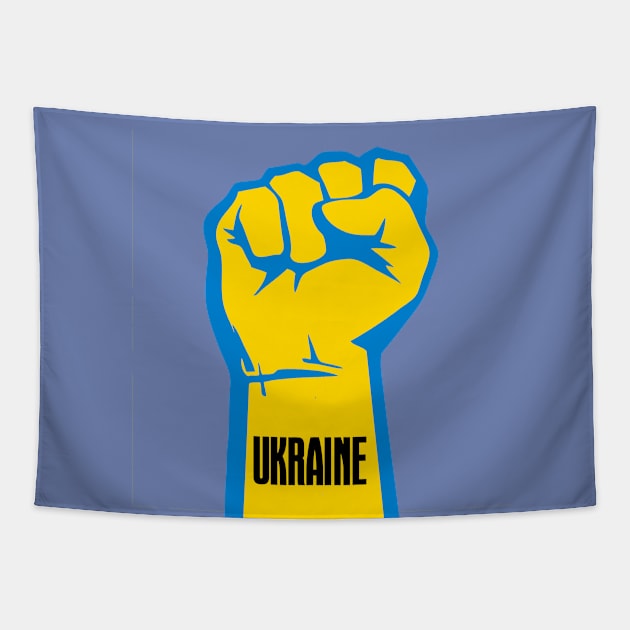 Peace for Ukraine! I Stand With Ukraine. Powerful Freedom, Fist in Ukraine's National Colors of Blue and Gold (Yellow) Tapestry by Puff Sumo