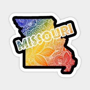 Colorful mandala art map of Missouri with text in blue, yellow, and red Magnet