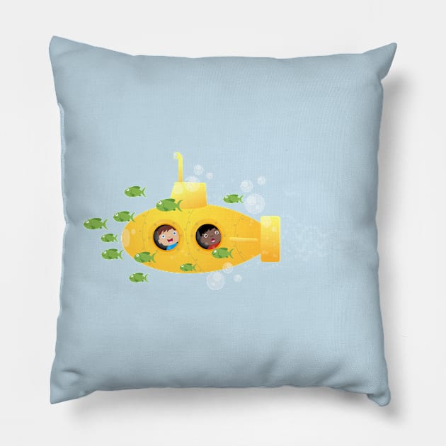 Cute yellow submarine fish cartoon illustration Pillow by FrogFactory