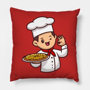 Cute Chef With Pizza Cartoon Vector Icon Illustration Pillow