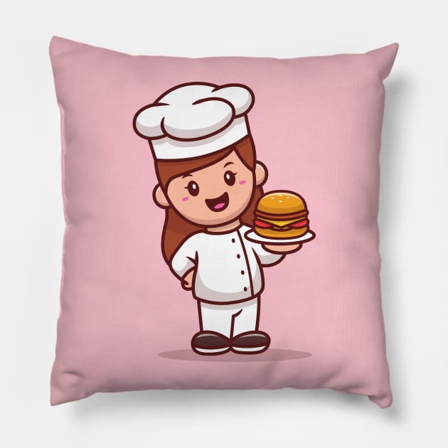 Woman Chef With Burger Pillow by Catalyst Labs