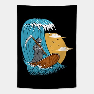 Funny Surfing Grim Reaper Riding a Huge Wave Tapestry