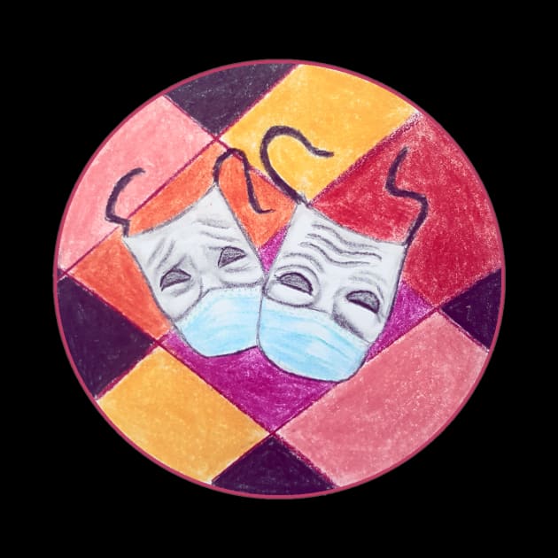 Theater masks wearing corona / covid 19 face masks - sock and buskin - ancient symbols of comedy and tragedy In Greek theatre by ART-T-O