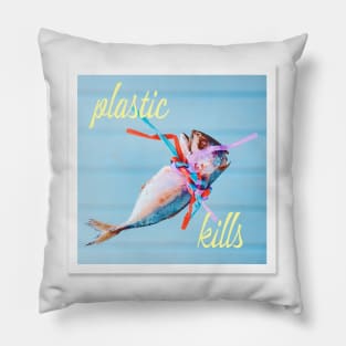 'Plastic kills' typography with a dead fish strangled by plastic straws, retro colors. Pillow