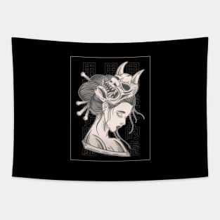 Oni Mask Girl gray Tapestry