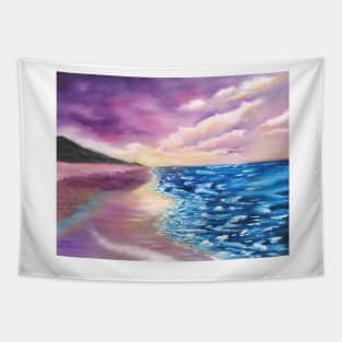 Beach Scene, Clouds, Sky, Sea, Ocean, Lavender beach, pink sky, Tapestry