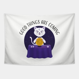 Good Things Are Coming: Magic Cat with a Crystal Ball Tapestry