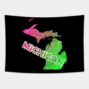 Colorful mandala art map of Michigan with text in pink and green Tapestry