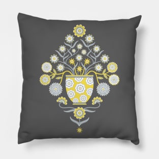 JARDINIERE Vintage Damask Flowers in Floral Vase Yellow Gray White - UnBlink Studio by Jackie Tahara Pillow