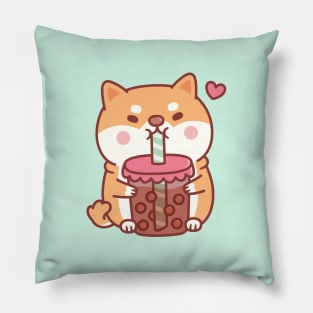 Cute Chubby Shiba Inu Dog Loves Bubble Tea Pillow