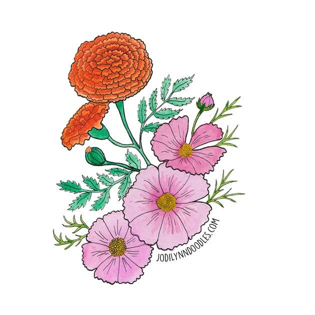 October Birth Flowers Marigolds and Cosmos by JodiLynnDoodles