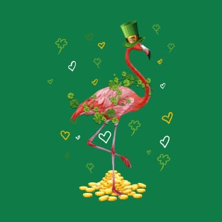 Clover Flamingo & Hearts St. Patricks Day Irish Proud Girls T-Shirt