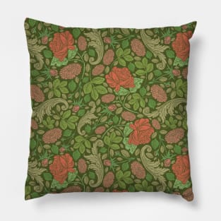 Red roses with green leaves on green background Pillow