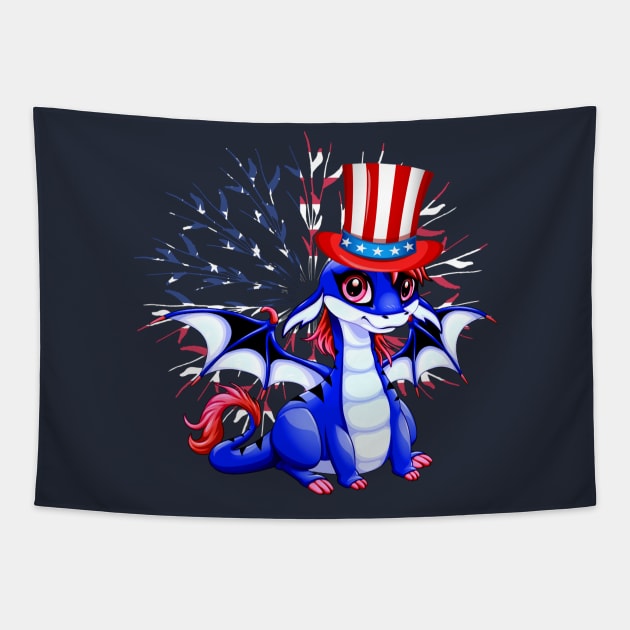 Cute Anime Dragon July 4th Independence Day Fireworks Baby Dragon Tapestry by AmbersDesignsCo