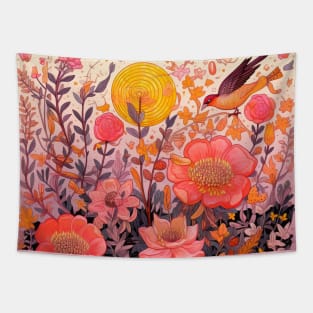 Bird Flying Through a Field of Flowers Tapestry