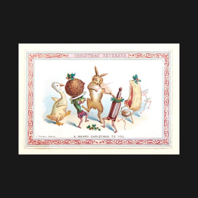 Vintage Victorian Christmas Card - Dancing Animals & Food by softbluehum