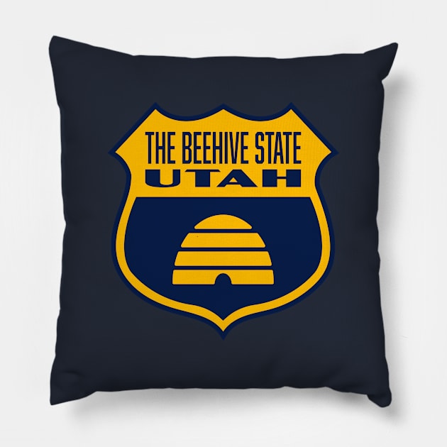 The Beehive State Utah Retro Flag Shield (Yellow) Pillow by deadmansupplyco