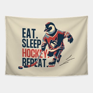 Eat Sleep Hockey Repeat Penguin Ice Hockey Player Tapestry