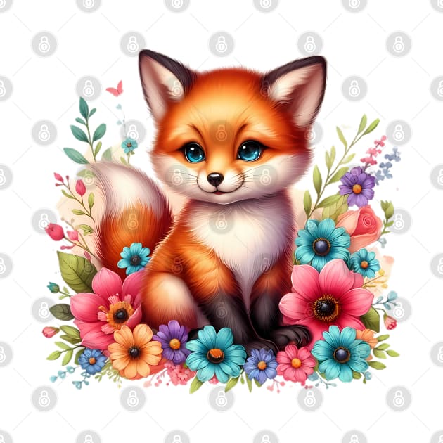 A red fox decorated with beautiful colorful flowers. by CreativeSparkzz