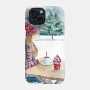 Woman Drinking Coffee in an open-air Cafe, Snowing Christmas Outdoors Phone Case