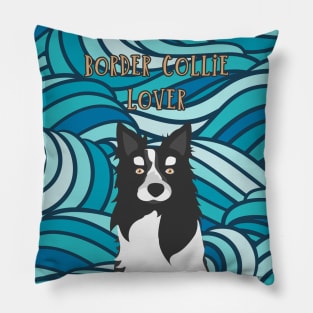 Border Collie Dog Lover with Sea Wave Pattern on Background Pillow