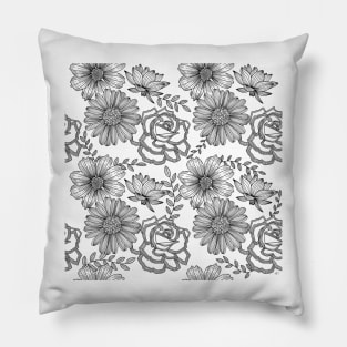 Flowers Line Art - Pastel Yellow & Gray Pillow