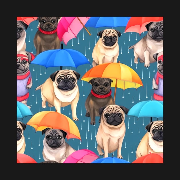 Cute Pug Dogs Umbrellas in the Rain All Over Tote Bag by candiscamera