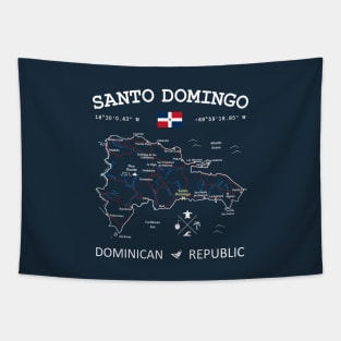 Dominican Republic Flag Travel Map Santo Domingo Coordinates Roads Rivers and Oceans White Tapestry