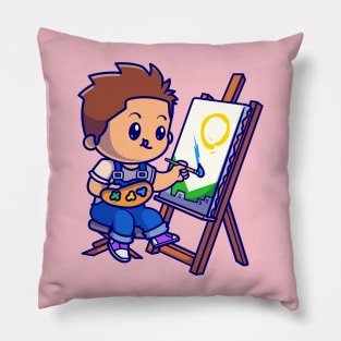 Cute Boy Is Painting Cartoon Pillow