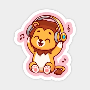 Cute Lion Listening Music With Headphone Cartoon Magnet