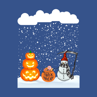 Creepy Halloween snowman with snow pumpkin Halloween snowfall T-Shirt