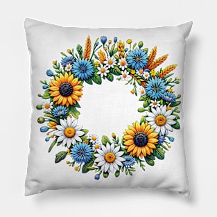A colorful wreath woven with cornflowers, daisies and sunflowers Pillow