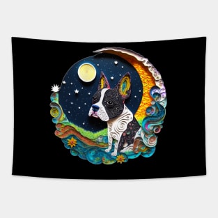 Boston Terrier Dog in Space Crescent Moon Planets Stars Cute Tapestry