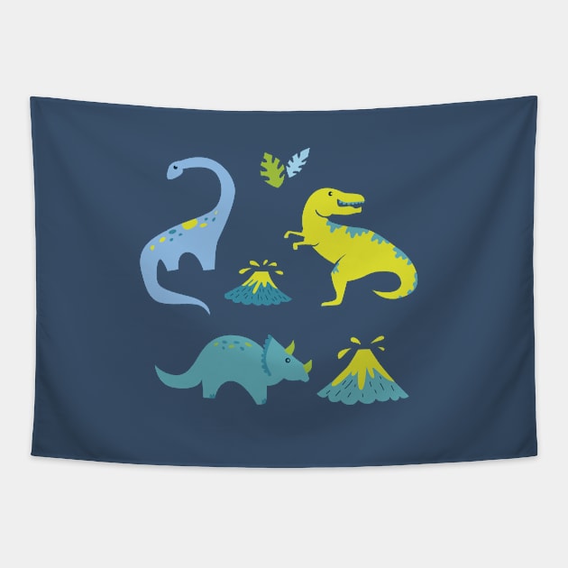 Kawaii Dinosaurs in Blue + Green Tapestry by latheandquill