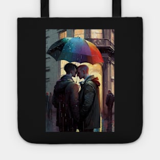 2 men, the rain, and a rainbow umbrella Tote