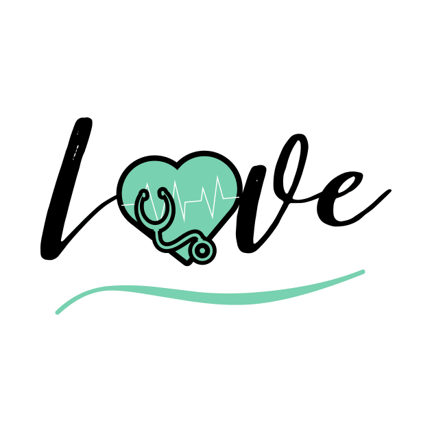 Love medicine black text design with green heart stethoscope and heartbeat by BlueLightDesign