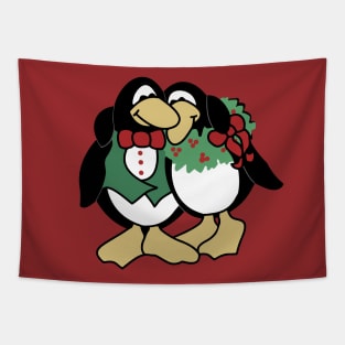 Christmas Penguin Couple In Love Tapestry