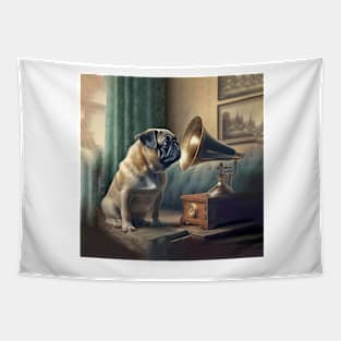 Pug Dog Listens To Grammaphone Music Tapestry