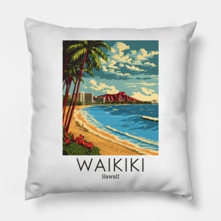 A Vintage Travel Illustration of Waikiki - Hawaii Pillow